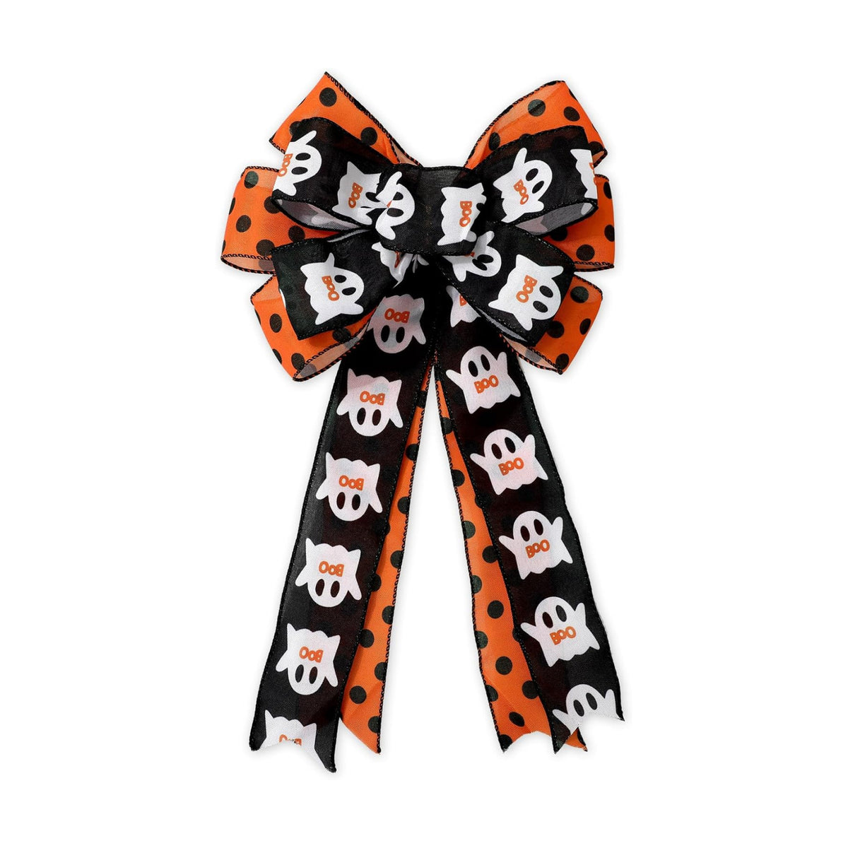 JarThenaAMCS Halloween Wreath Bow Ghost Boo Polka Dots Wired Edge Bow Black Orange Fabric Craft Bowknot for Front Door Tree Topper Indoor Outdoor Decor, 11 x 20.3 Inch