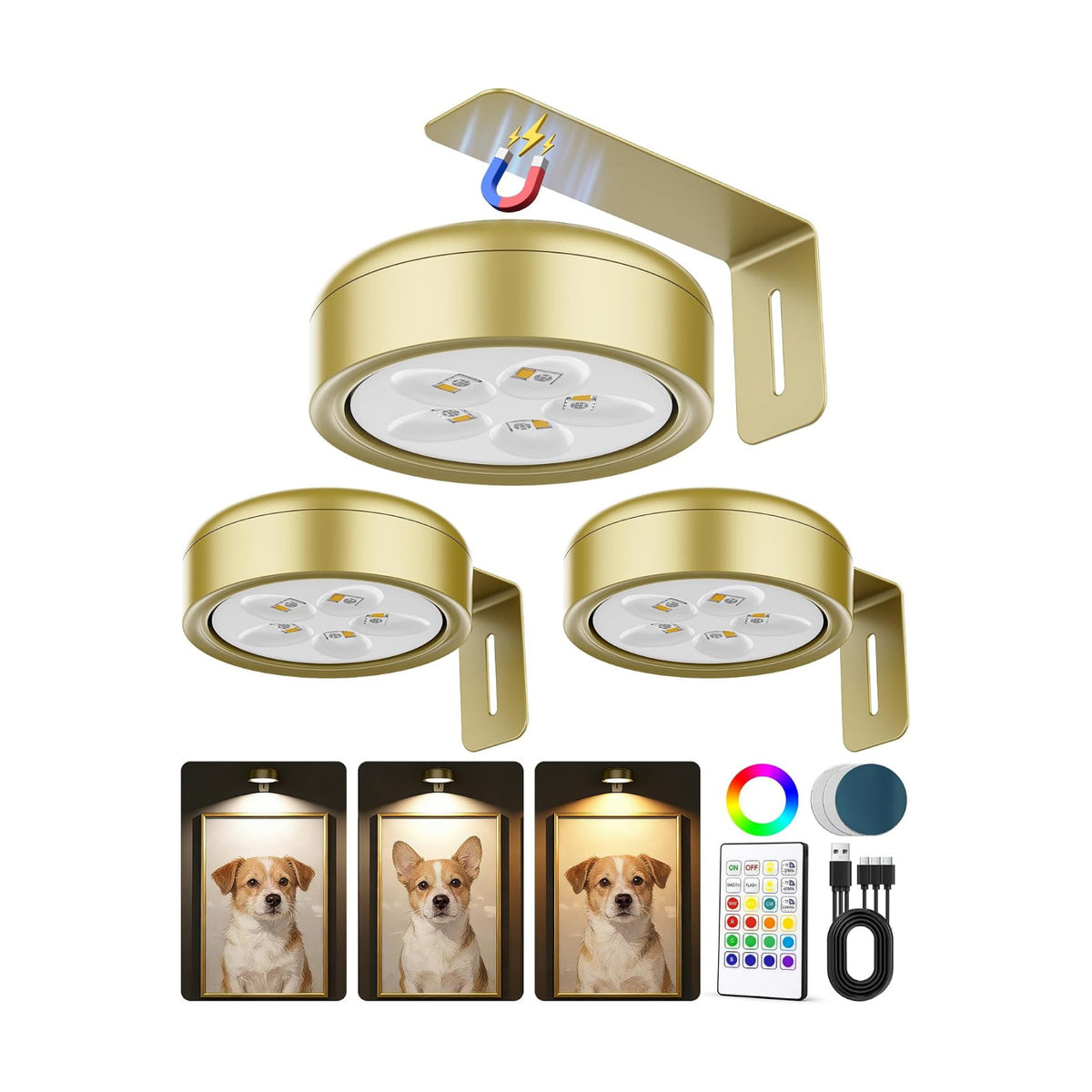 3 Pack Picture Lights for Wall,Wireless 2000mAh Rechargeable Magnetic LED Puck Lights with Remote,3 Color Temps and 12