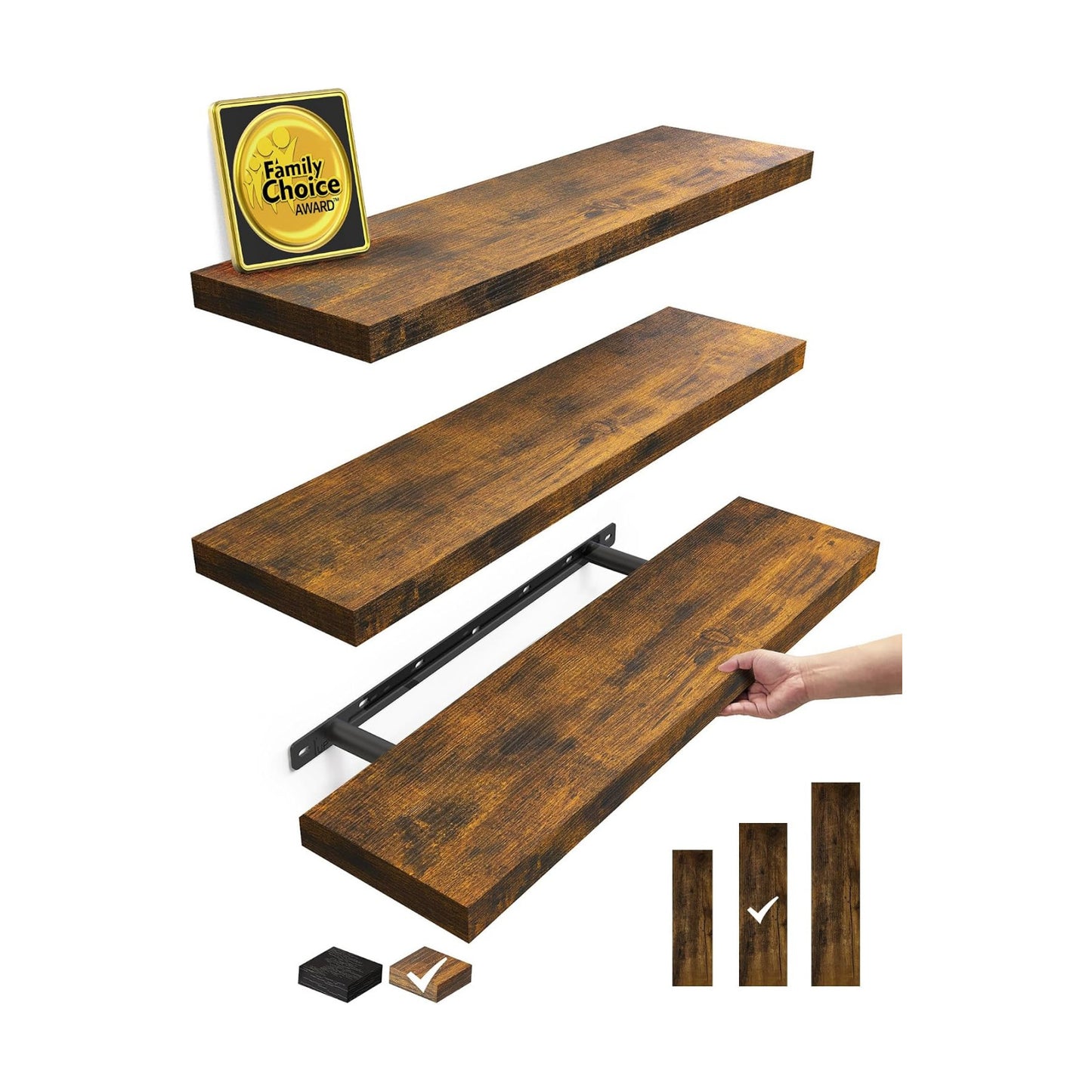 BAYKA Rustic Brown Floating Shelves 22.5in, 3 Pack, Wall Mount Wood Shelf