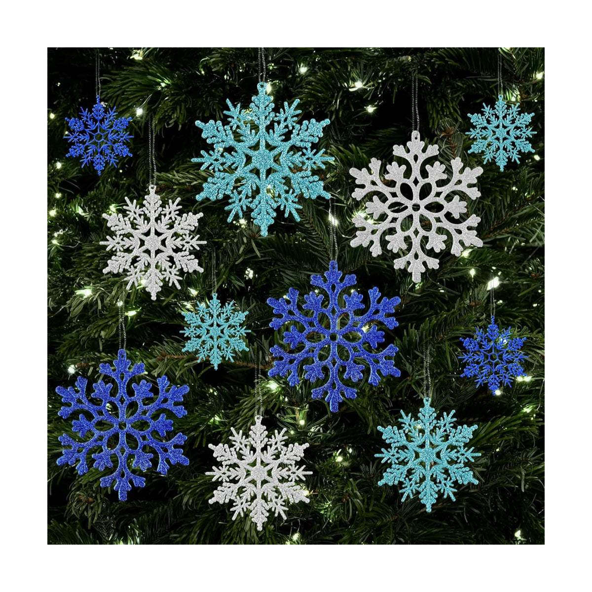 36pcs Blue Silver Christmas Snowflake Ornaments, Plastic Glitter Hanging Snow Flakes for Christmas Tree Decorations Winter Wonderland Frozen Birthday Party Home Decor Craft Snowflakes