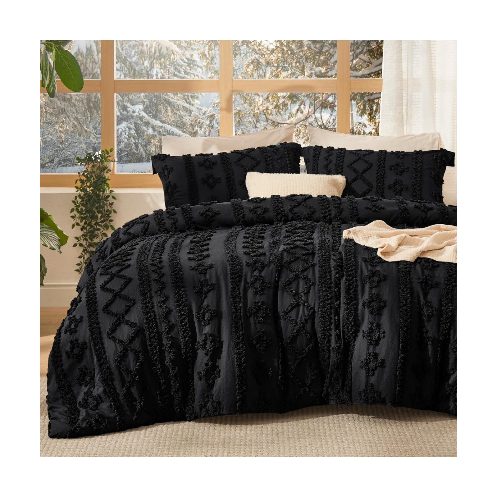 Bedsure Tufted Boho Comforter Set Full Size - Black Boho Bed Set, GentleSoft™ 3 Pieces Farmhouse-Style Embroidery