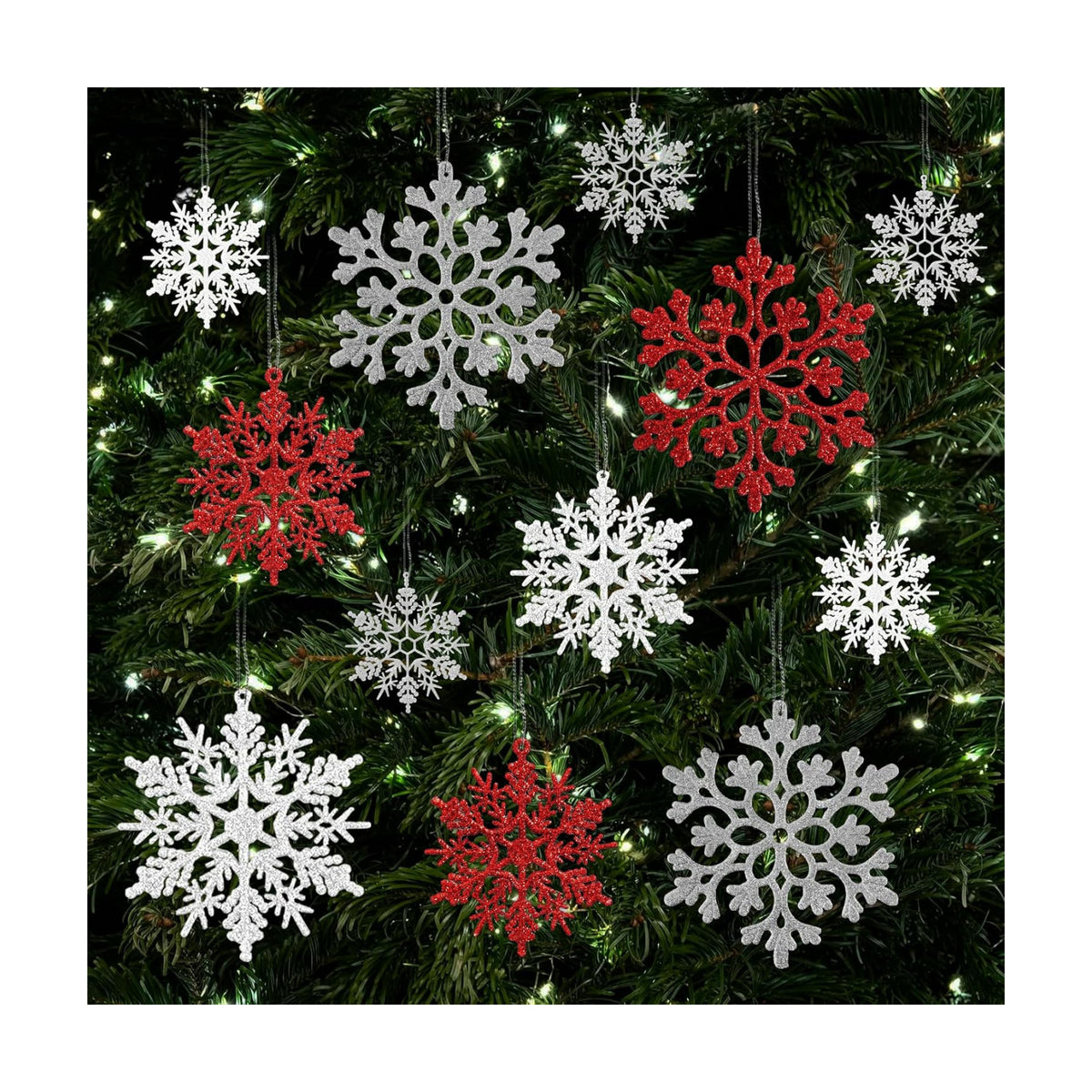 36pcs White Silver and Red Christmas Snowflake Ornaments, Plastic Glitter Hanging Snow Flakes for Christmas Tree Decorations Winter Wonderland Frozen Birthday Party Home Decor Craft Snowflakes