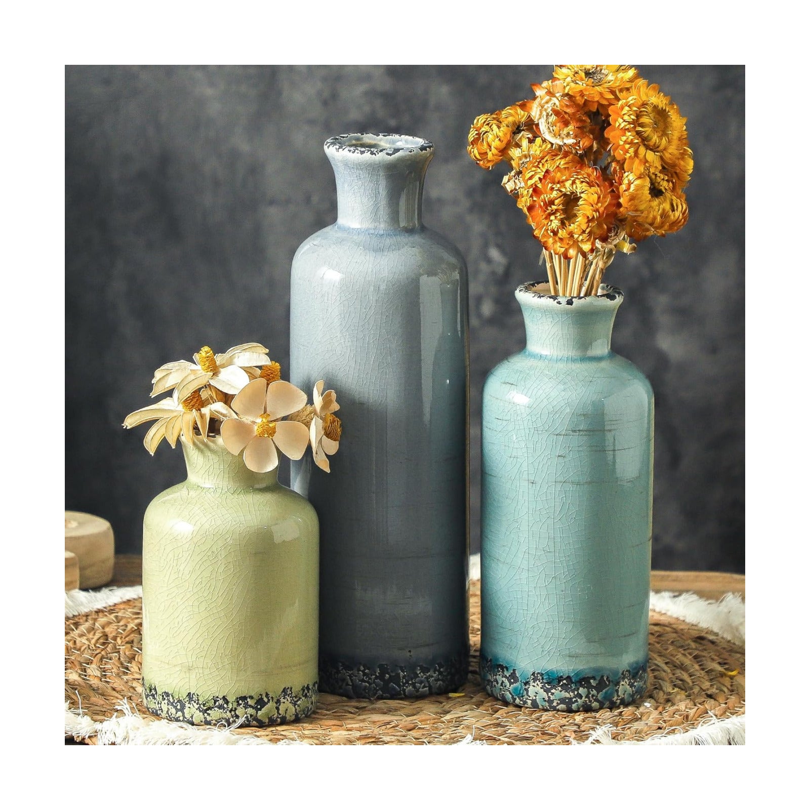Ceramic Neutral Vases Home Decor / 007 Rustic - Blue / Set of 3