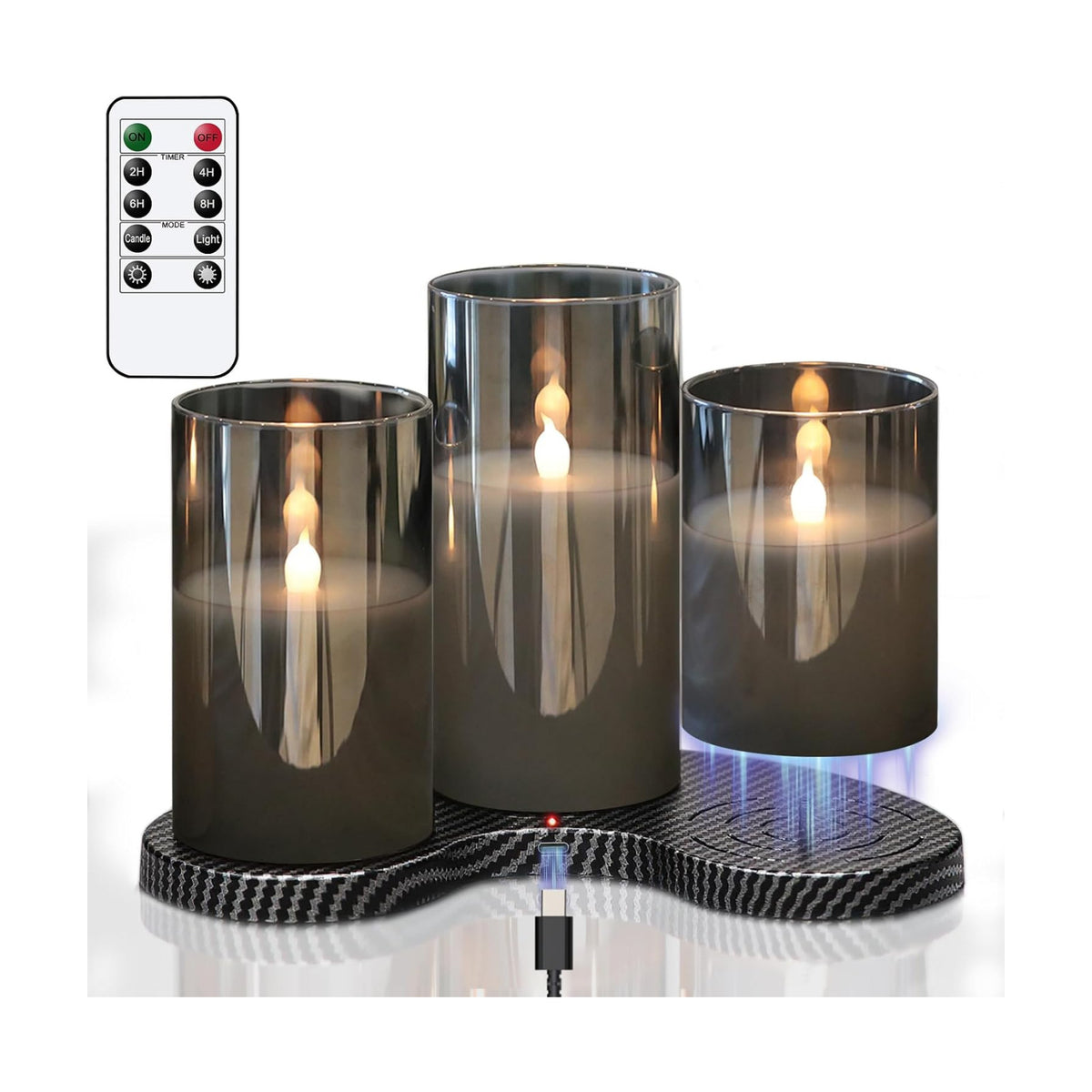 GenSwin Glass Rechargeable Flameless Candles with Remote Timer Black | Battery Operated LED Candles, Charging Base