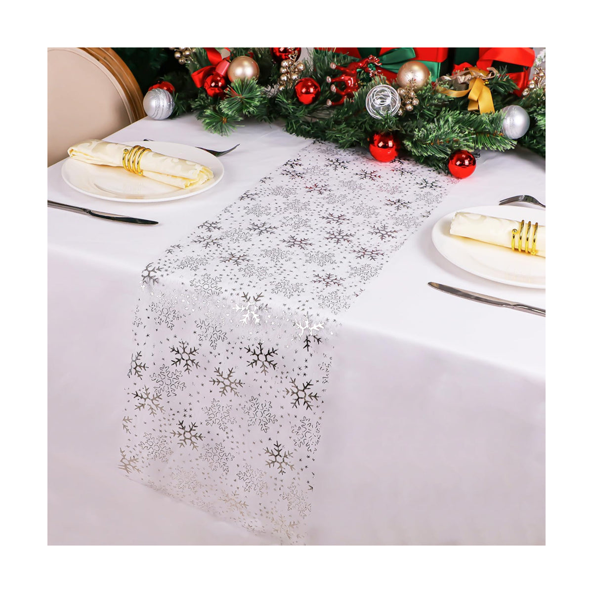 Snowkingdom Christmas Snowflake Silver Table Runner 11 Inch x 100 Feet Sparkly Silver Foil Glitter Metallic Mesh Dining Table Decorations for Seasonal Winter Xmas Festival Holiday Home Party
