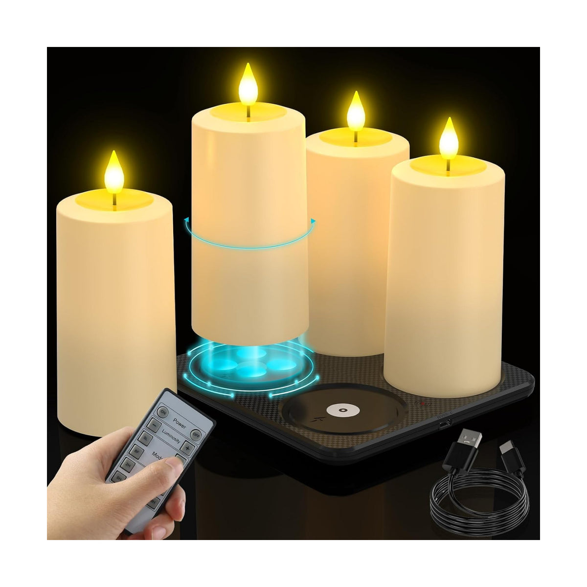 SoulBay Waterproof Rechargeable Flameless LED Pillar Candles, 4 Pack | Magnetic Charging Base, IP54 Waterproof, Remote