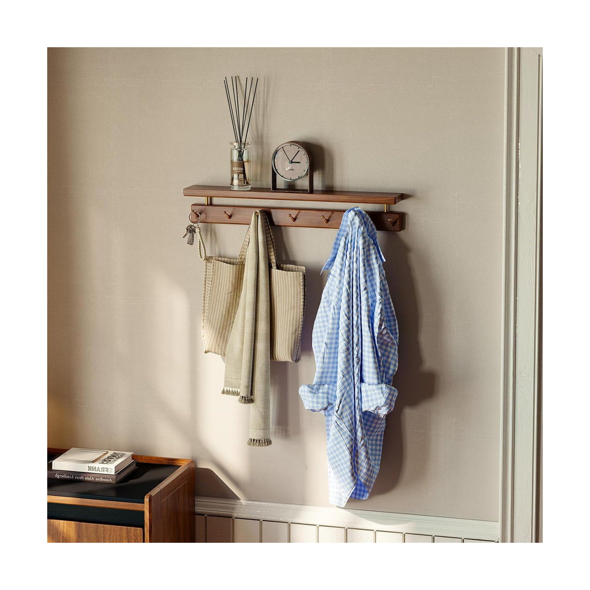 Walnut Wall Hooks with Shelf, Coat Rack Wall Mount, Entryway Hanging Shelf with 7 Brass Hooks for Hats, Clothes