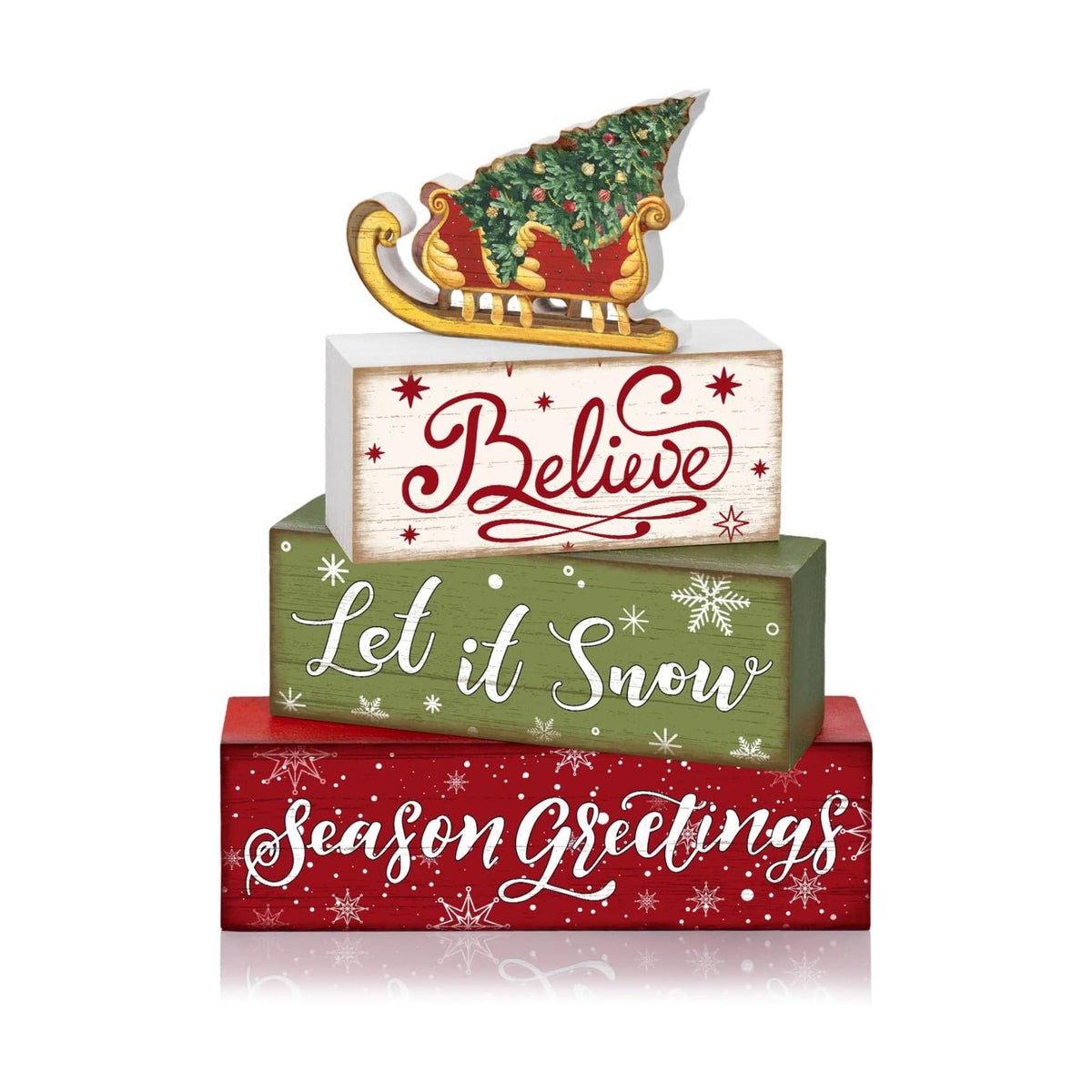 Britimes Tiered Tray Decor Set, 4 Pack, Wooden Table Sign, Sleigh Tree
