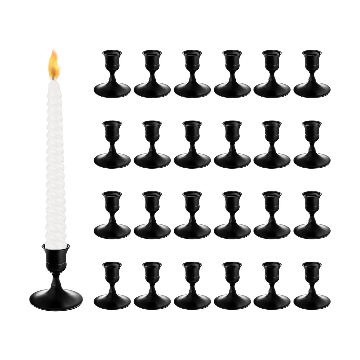 Black Candlestick Holders, Small Taper Candle Holders, Bulk 24-Pack | Vintage metal candle holders with stable bases
