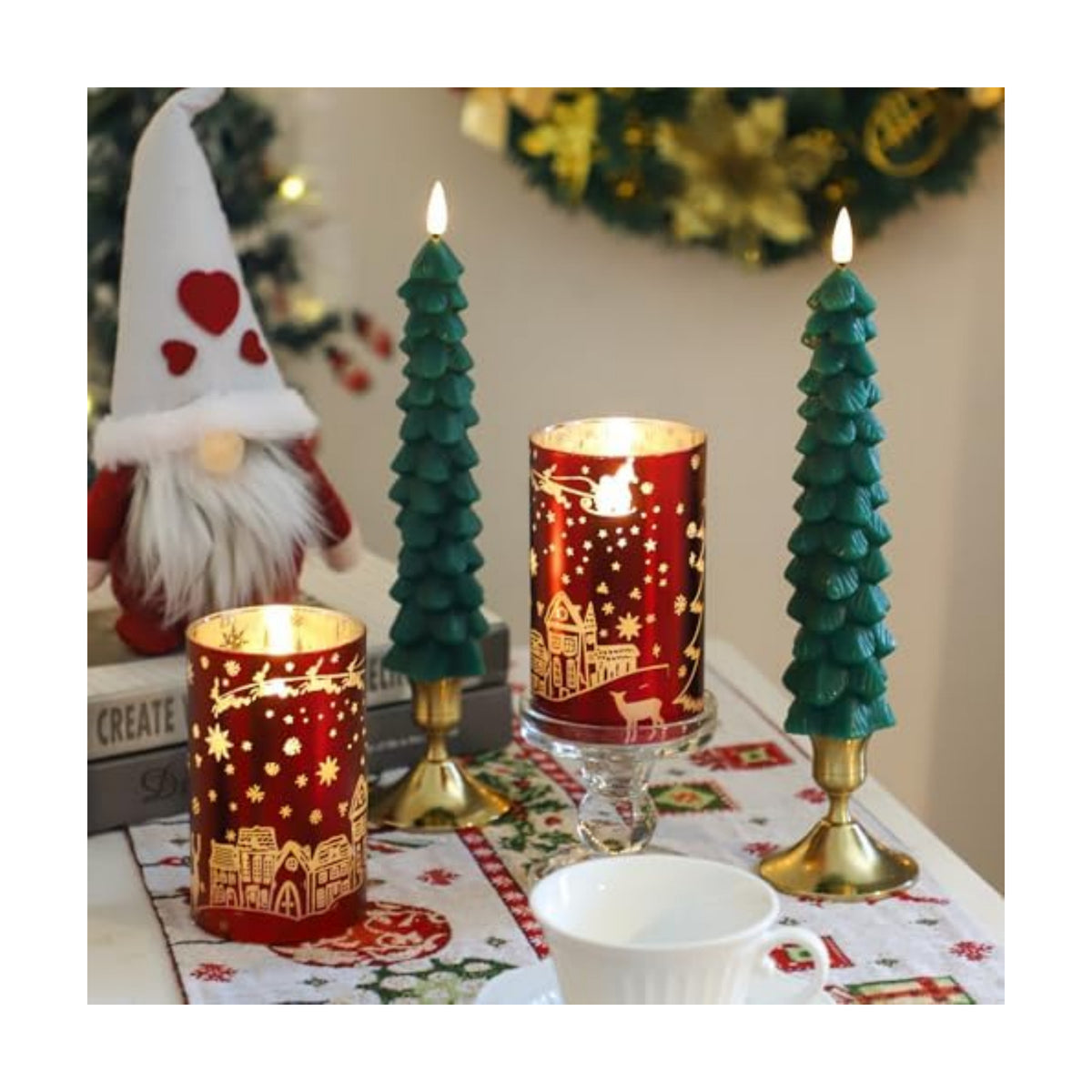MUMCHASI Chritsmas Flameless Candles, Battery Operated Christmas Candles, Real Wax Glass Flickering LED Candles, Tree Candlestick for Home Christmas Decor, Remote Timer