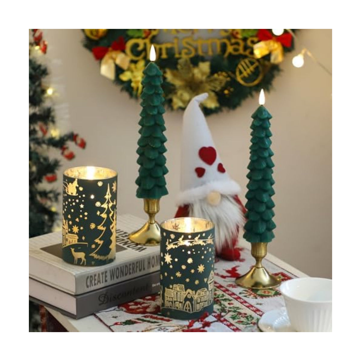 MUMCHASI Chritsmas Tree Flameless Candles, Real Wax Christams LED Taper Candles, Battery Operated Candles, Flickering Candlesticks for Home Christmas Decor Gifts, Green, Remote Control