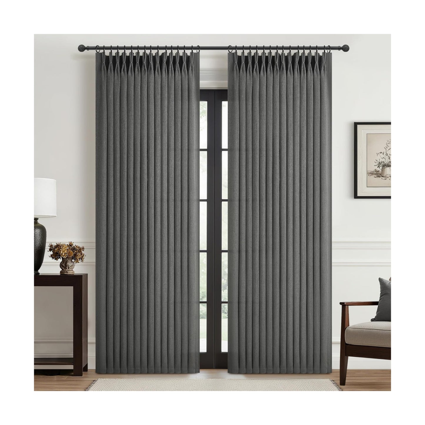 Dark Grey Memory Shaped Pinch Pleated Living Room Curtains 84 Inches Long 2 Panels Set, Textured Linen Semi Sheer