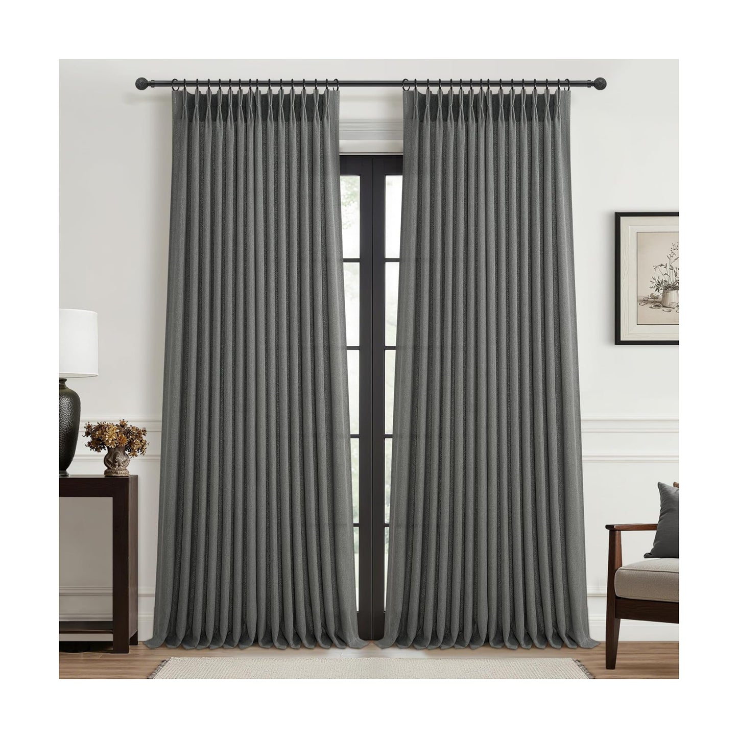 Dark Gray Sheer 90 Inches Long Bedroom Curtains 2 Panels Set, Pinch Pleated Faux Linen Semi Through Privacy Sheer