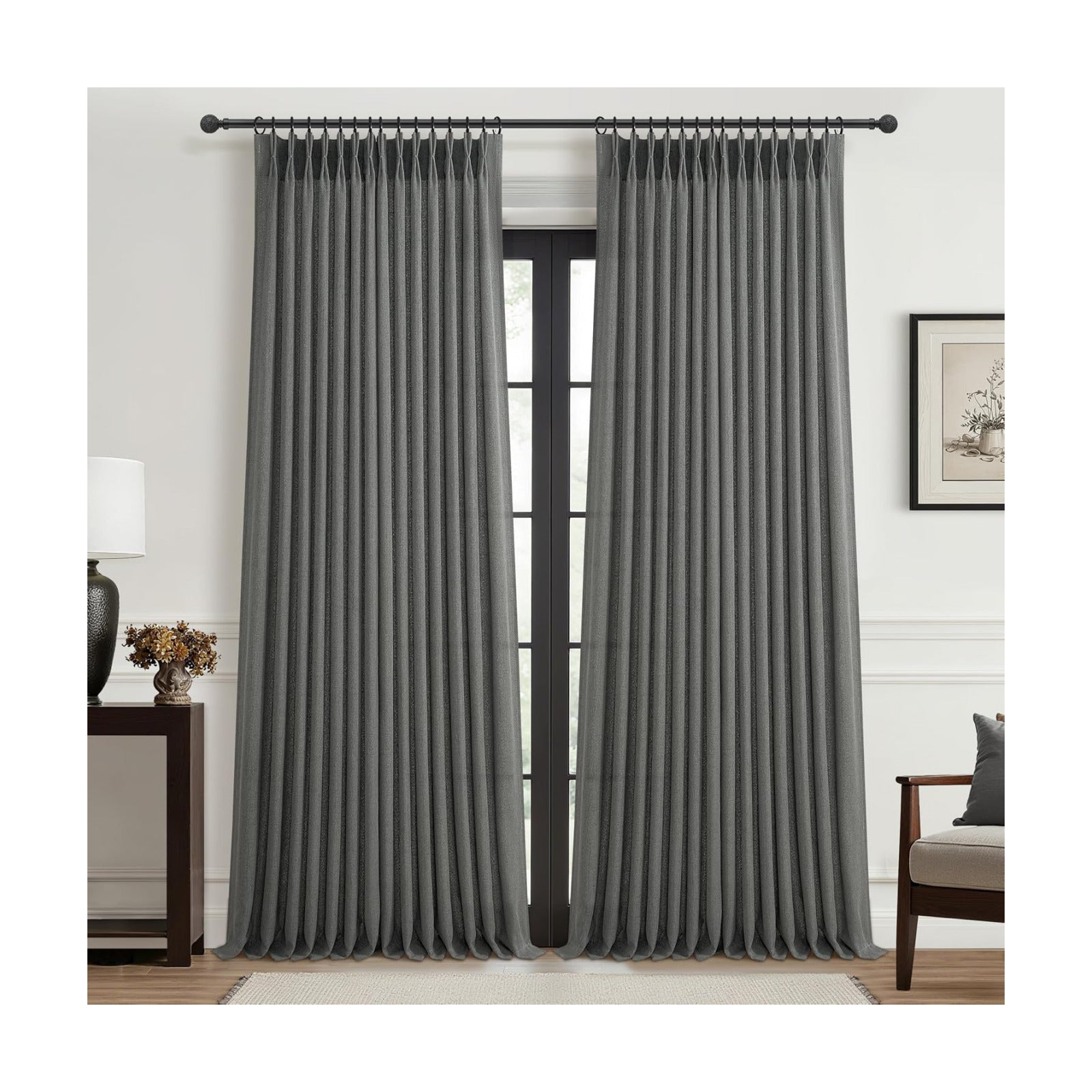 Dark Gray Sheer 90 Inches Long Bedroom Curtains 2 Panels Set, Pinch Pleated Faux Linen Semi Through Privacy Sheer