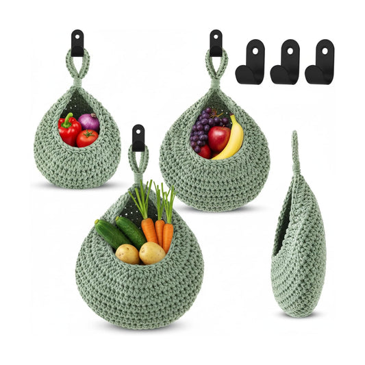 Boho Decor Hanging Wall Baskets / Sage Green / Cotton Rope / Teardrop / Set of 3
