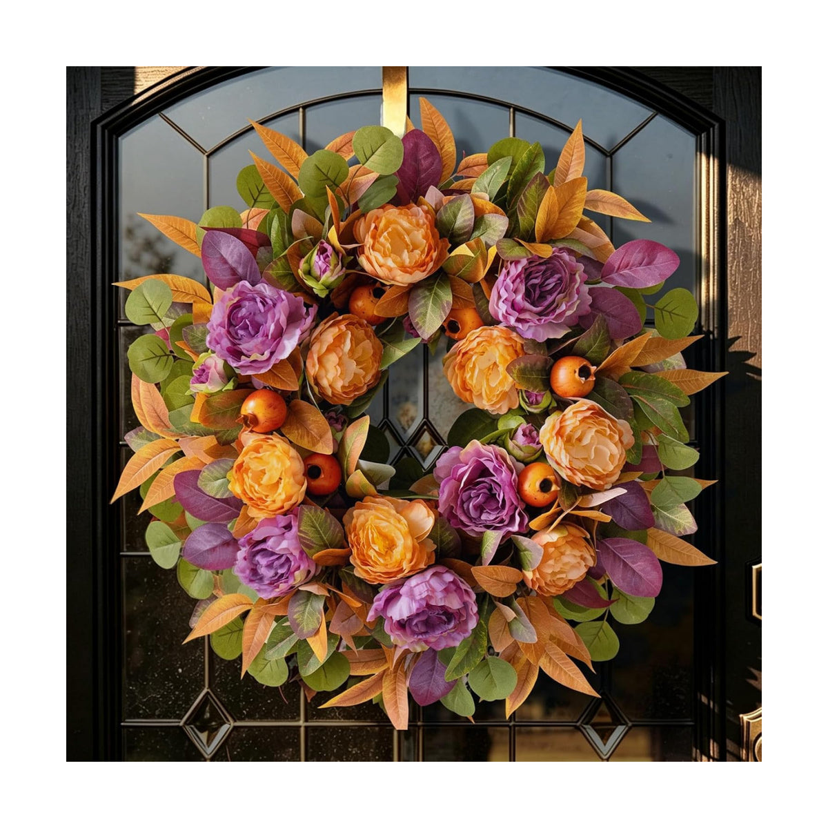 24 Inch Harvest Fall Wreath for Front Door Outside with Orange Purple Peony