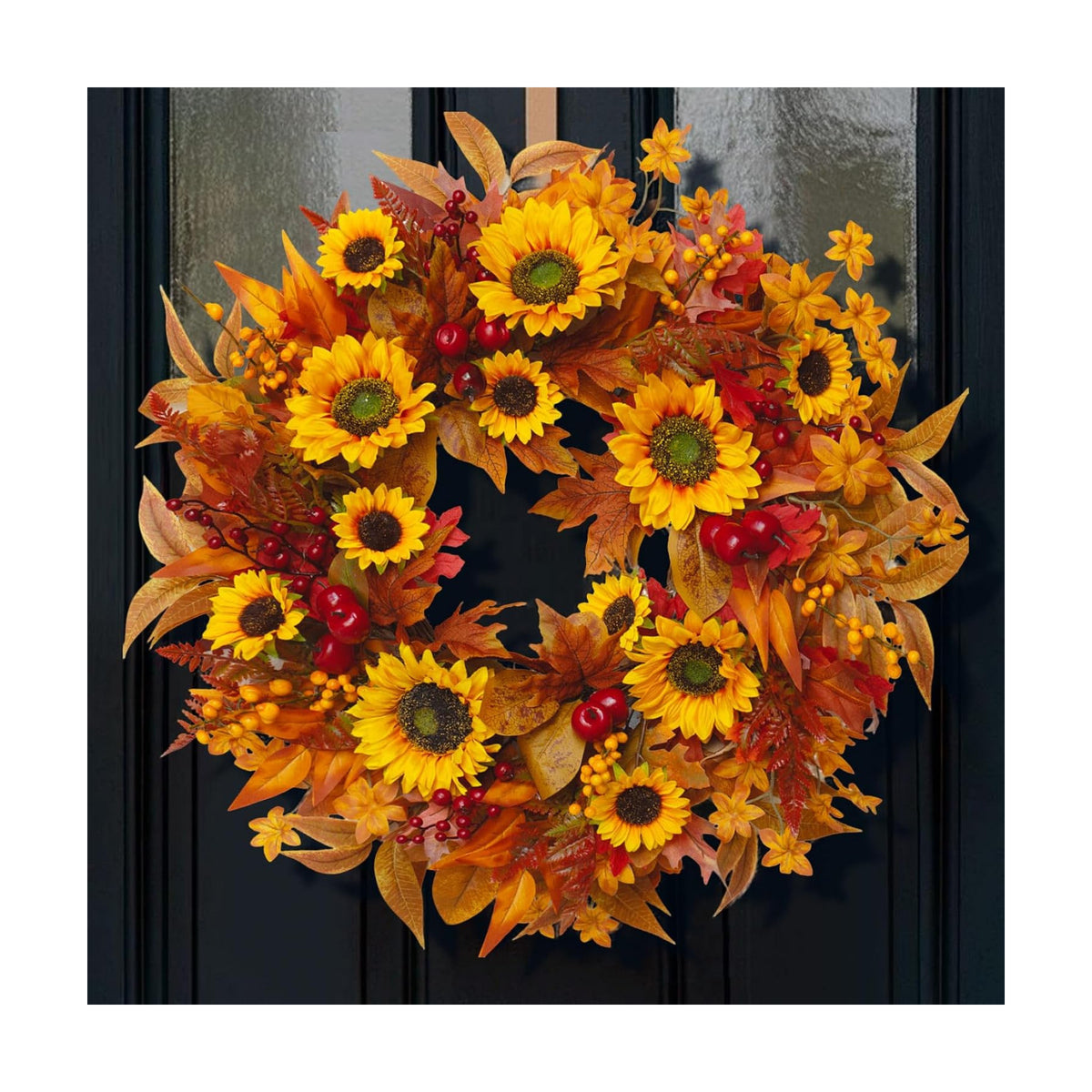 24 Inch Harvest Fall Wreaths for Front Door with Sunflower and Red Berries