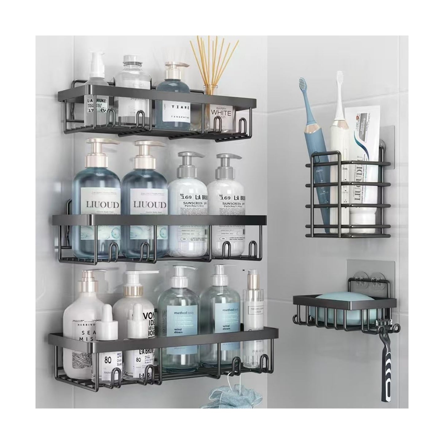 Self Adhesive Bathroom Wall Storage Basket Rustproof / Dark Grey / Set of 5