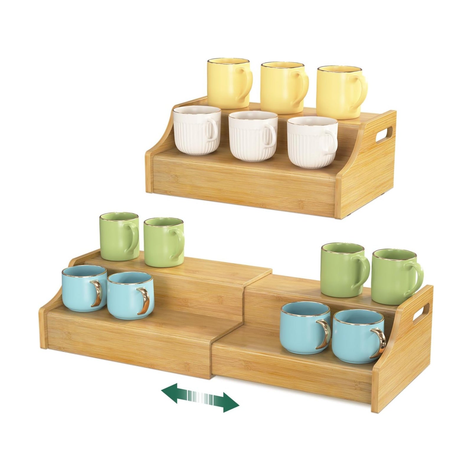 EsLuker.ly Coffee Mug Cup Holder Rack for Cabinets Countertop, Bamboo | 2 Tier Expandable Mug Storage Organizer Coffee