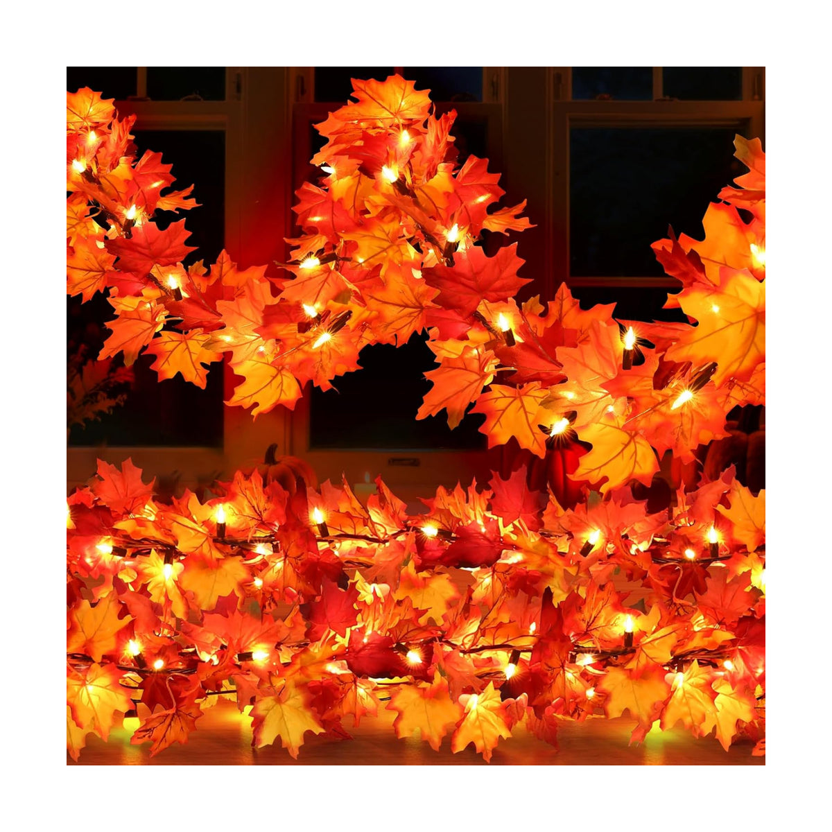2 Pack Fall Decorations Lighted Fall Garland, 9FT 50 Count Incandescent Lights Brown Wire UL Certified Connectable Maple Leaves String Lights for Home Fireplace Mantle Thanksgiving Decor