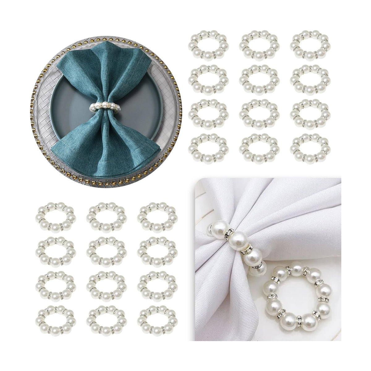 100 Pcs Silver Disposable Napkin Rings Imitation Pearl Ring Napkin Holder Delicate White Beaded Serviette Buckles for