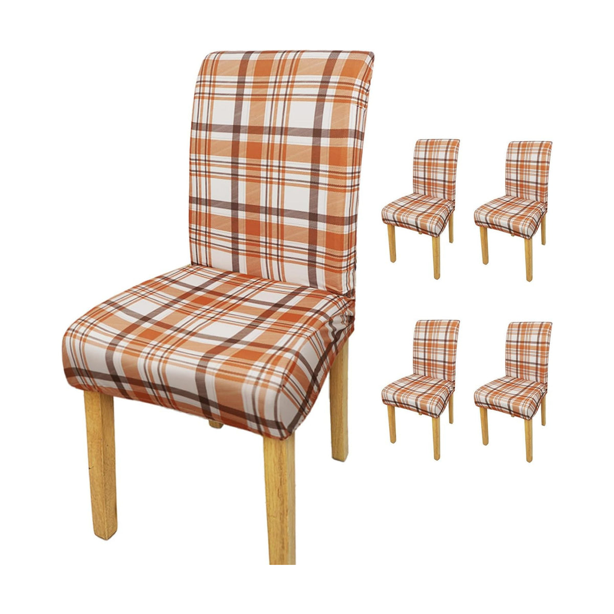 4Pcs Fall Plaid Chair Covers Set - Stretch Elastic Edge, Removable Orange Chair Protectors, Suitable for Dining Room/Kitchen Chairs