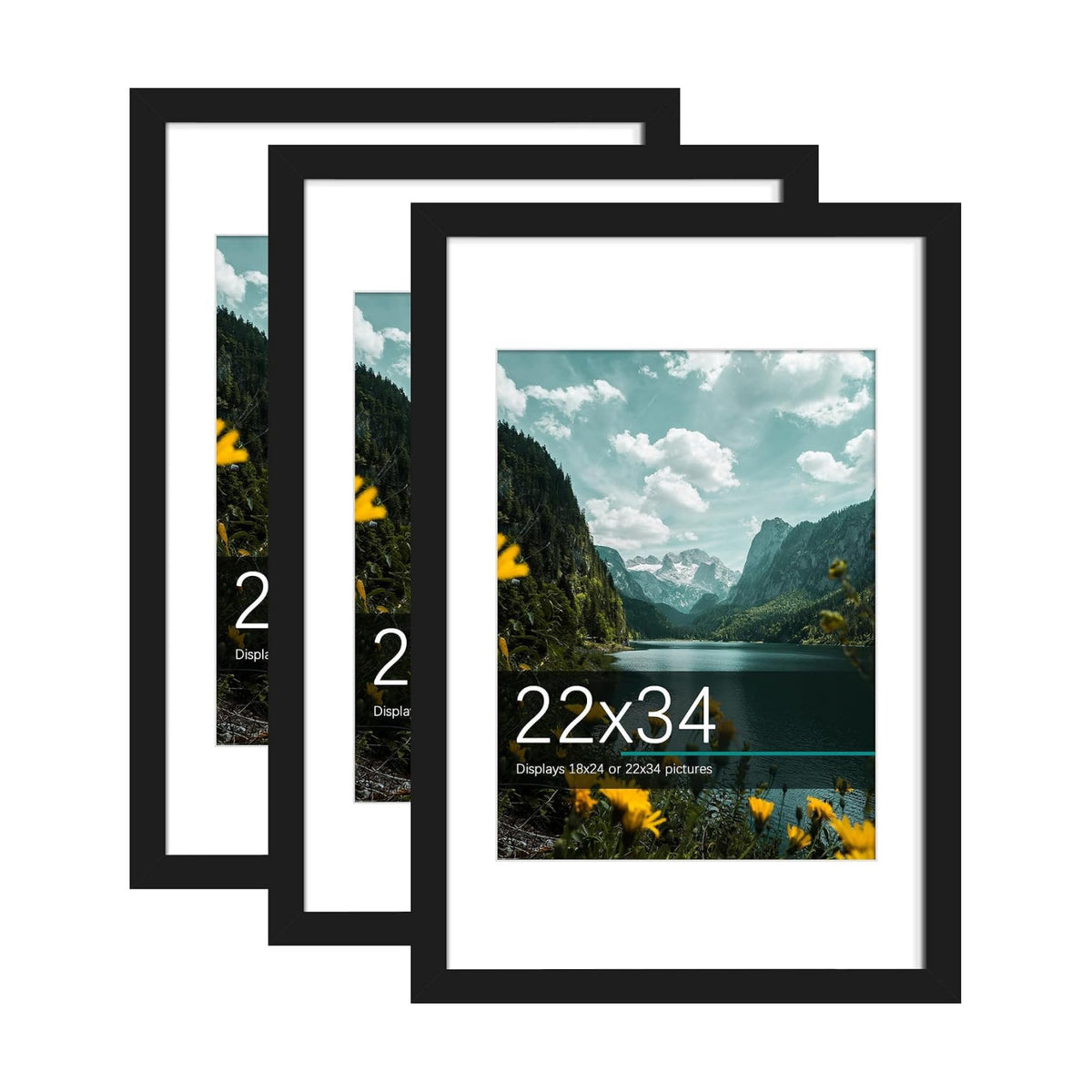 22x34 Black Poster Frame, Picture Frame for Wall, 3 Pack | Fits 18x24 Photos With Mat or 22x34 Without Mat, Vertical or