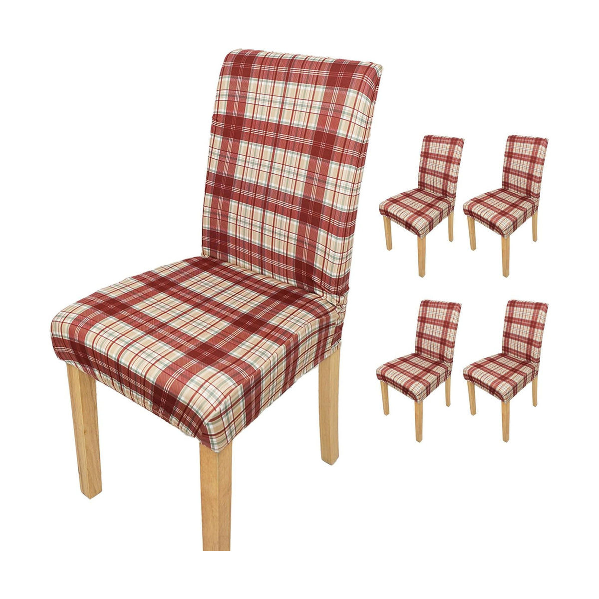 4Pcs Fall Plaid Chair Covers Set - Stretch Elastic Edge, Removable Red Chair Protectors, Suitable for Dining Room/Kitchen Chairs