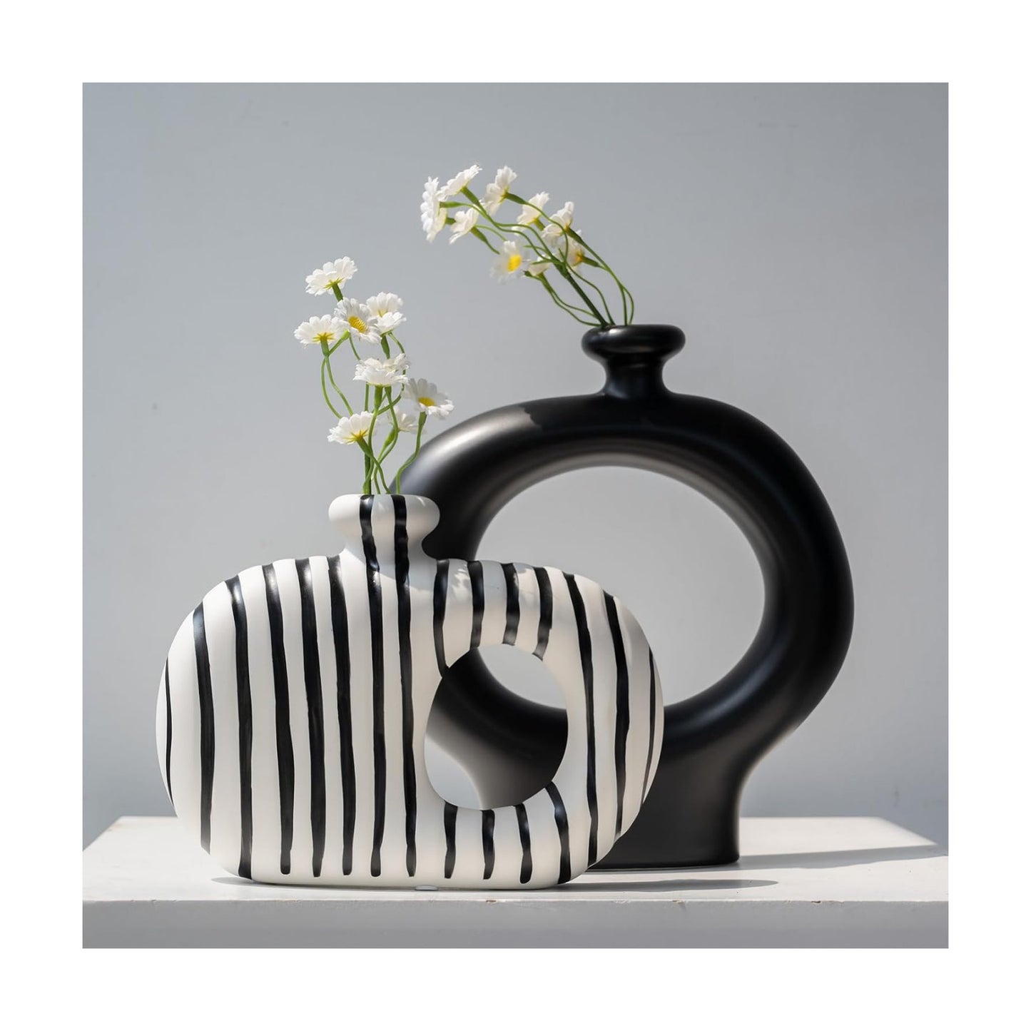 & White Striped Hollow Ceramic Flower Vases / Black / Set of 2