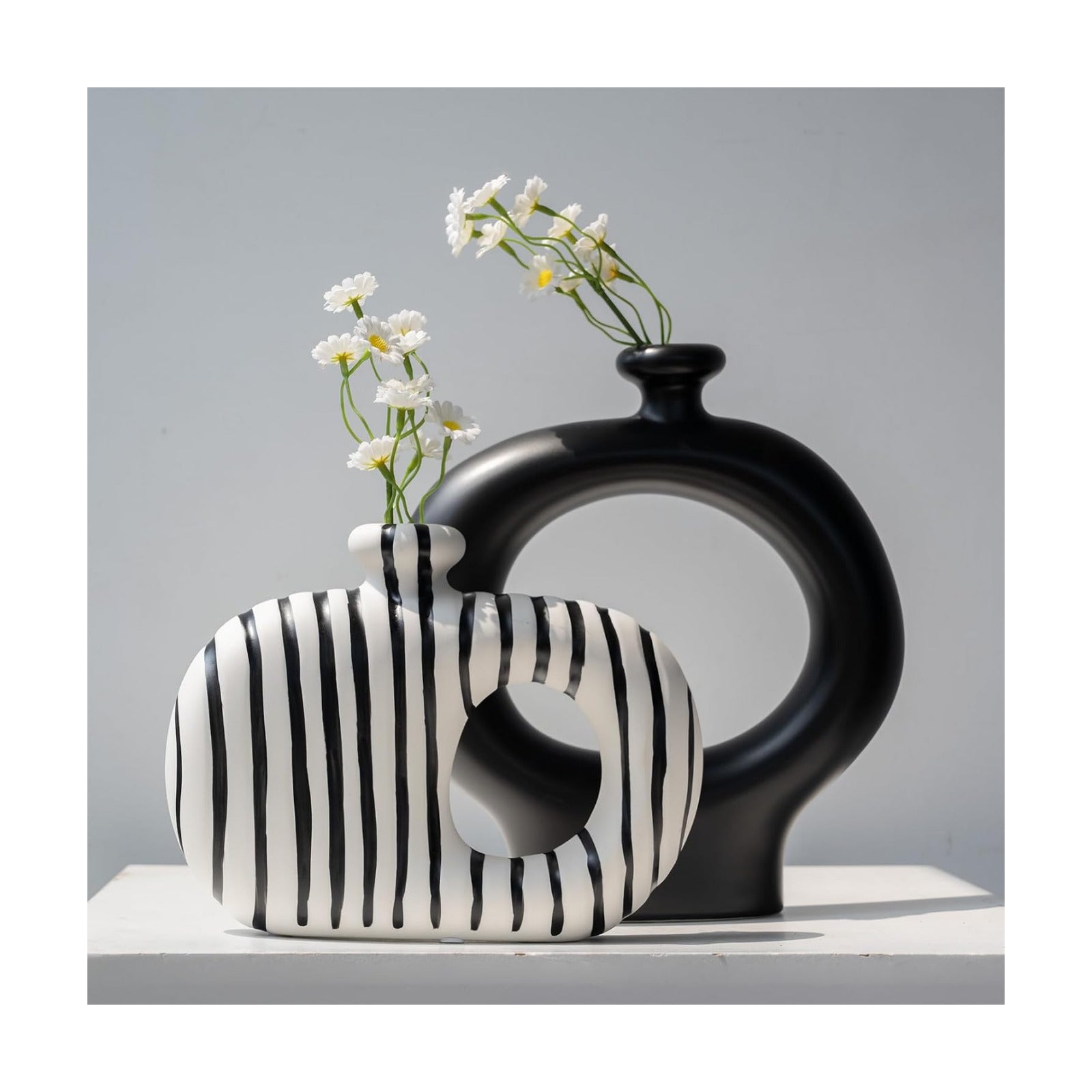 & White Striped Hollow Ceramic Flower Vases / Black / Set of 2