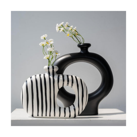 & White Striped Hollow Ceramic Flower Vases / Black / Set of 2