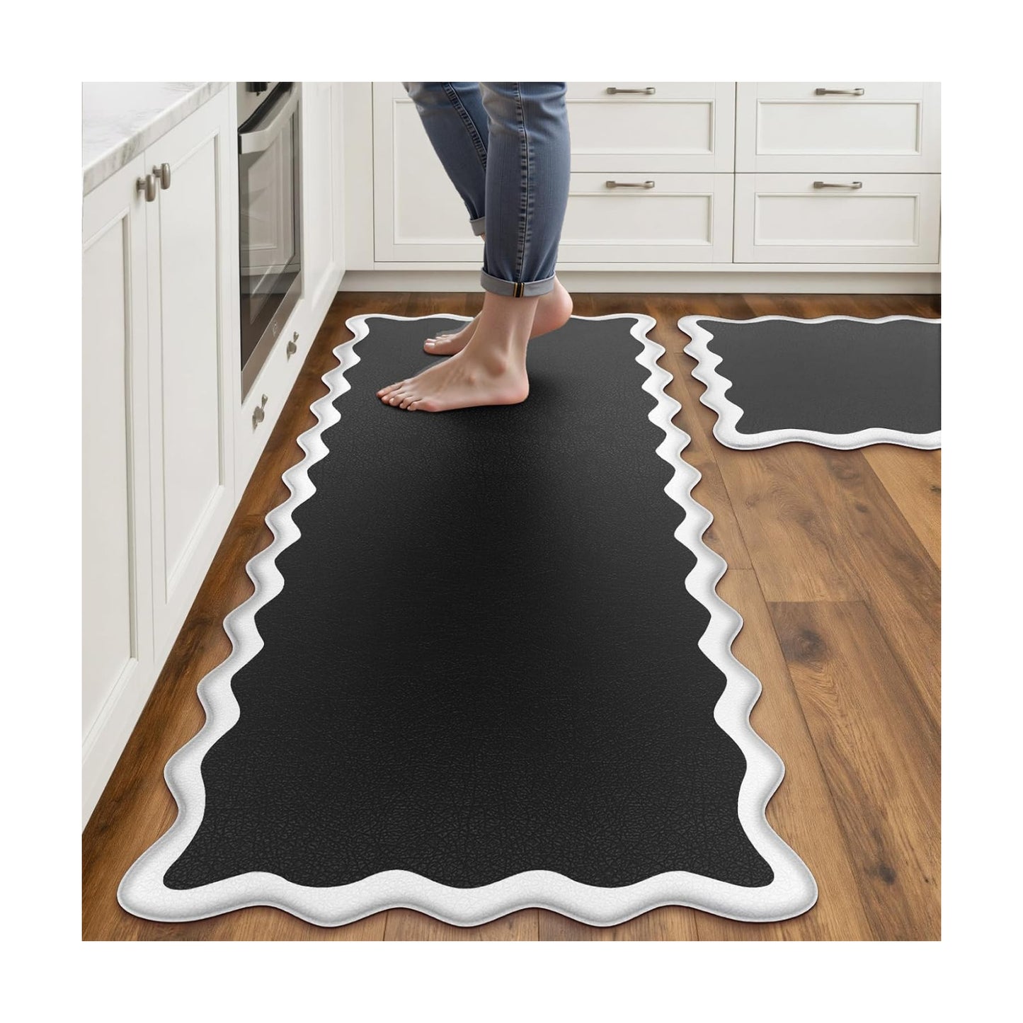 Arenarug Scalloped Kitchen Mats for Floor, Black White Kitchen Rug Set of 2