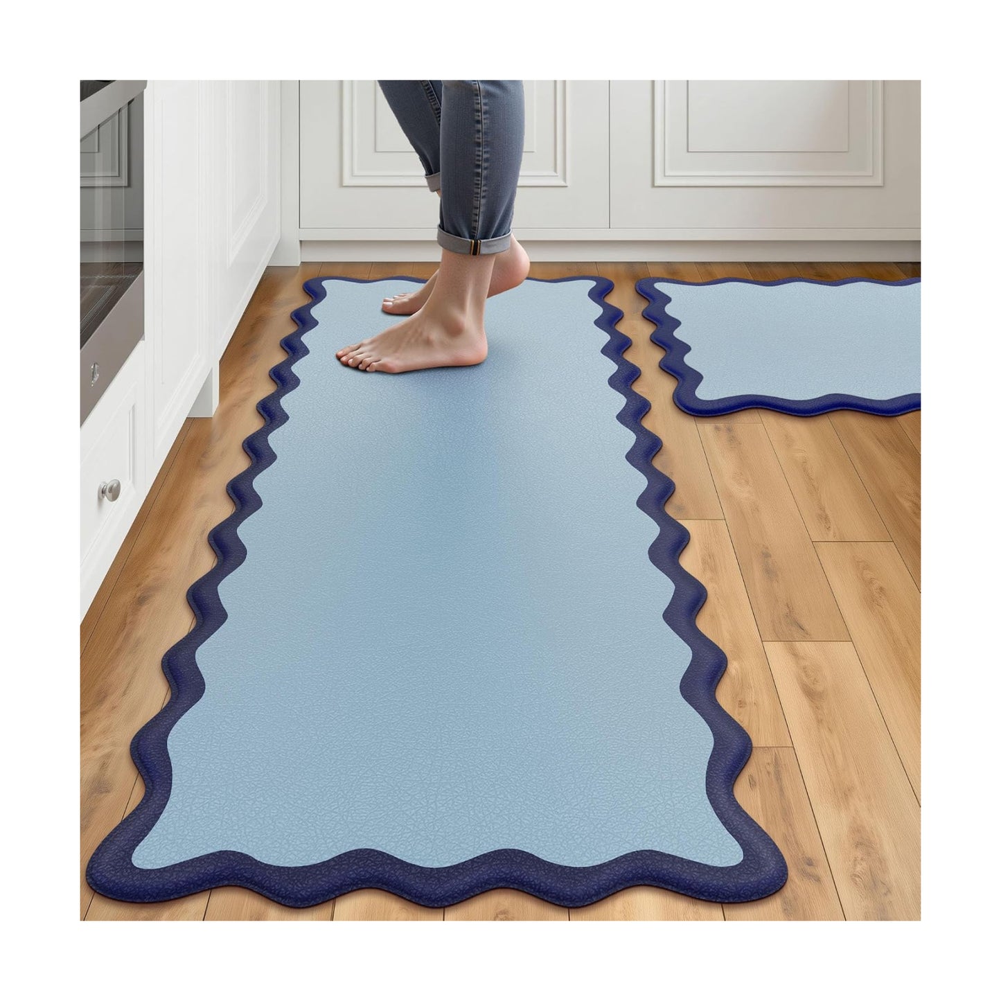 Arenarug Scalloped Kitchen Mats for Floor, Navy Blue Kitchen Rugs Set of 2