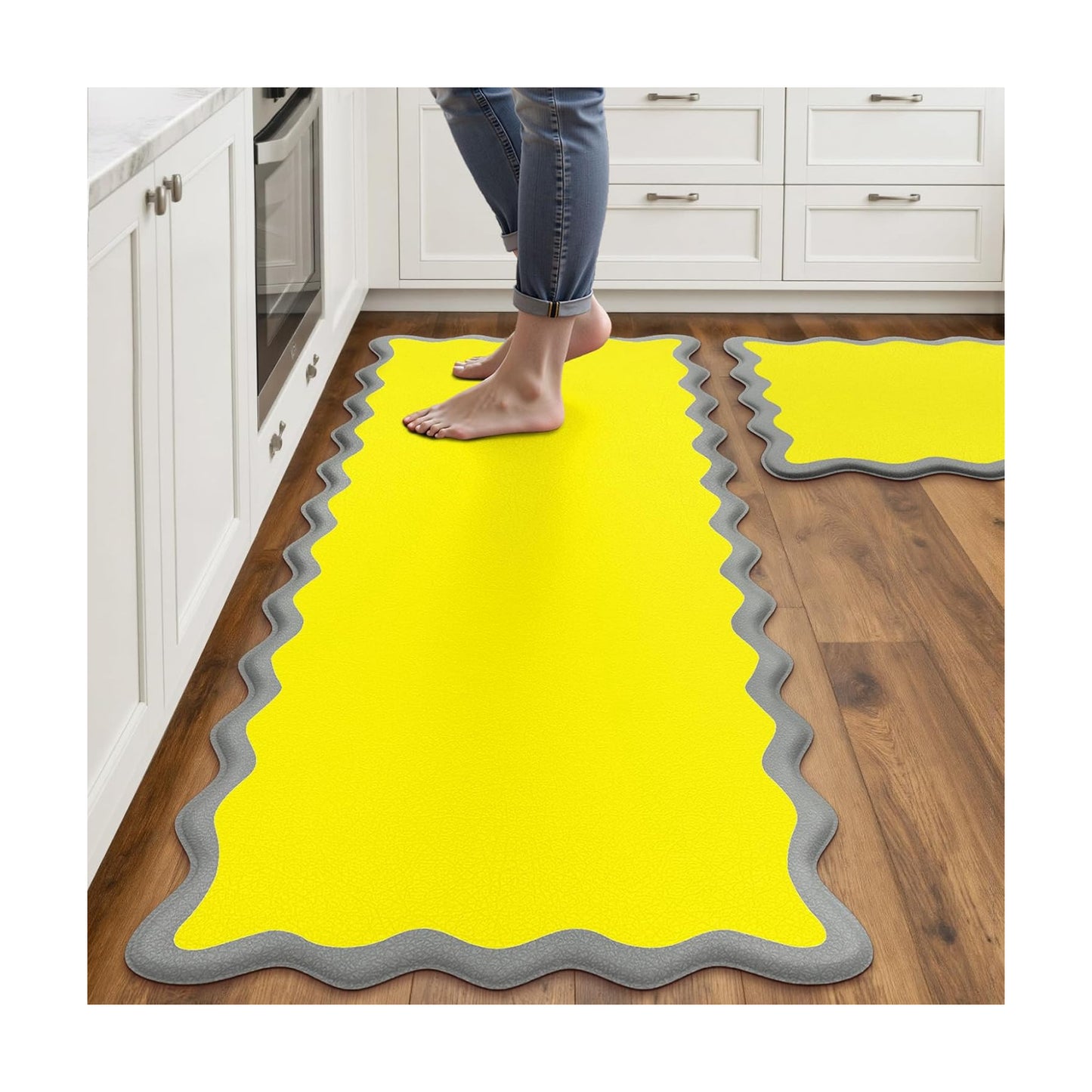 Arenarug Scalloped Kitchen Mats for Floor, Yellow Kitchen Rugs Set of 2