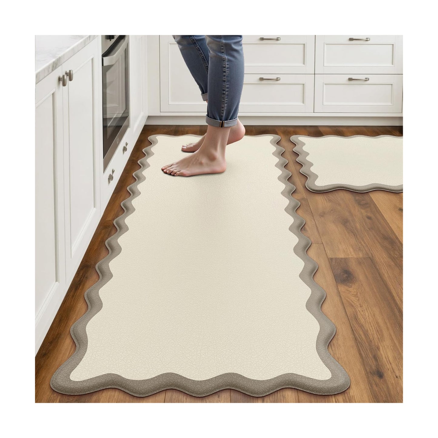 Arenarug Scalloped Kitchen Mats for Floor, Khaki Kitchen Rugs Set of 2