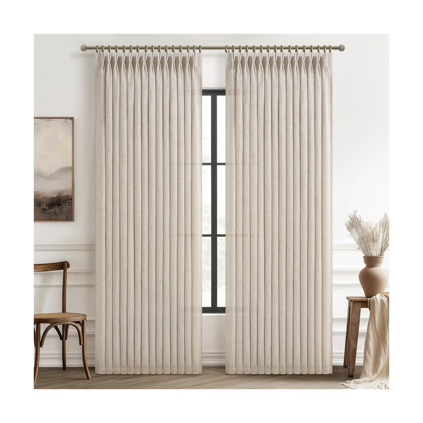 Natural Linen Semi Sheer Large Curtains 102 Inches Long 2 Panels Set for Nursery, Memory Trained Pinch Pleated Extra