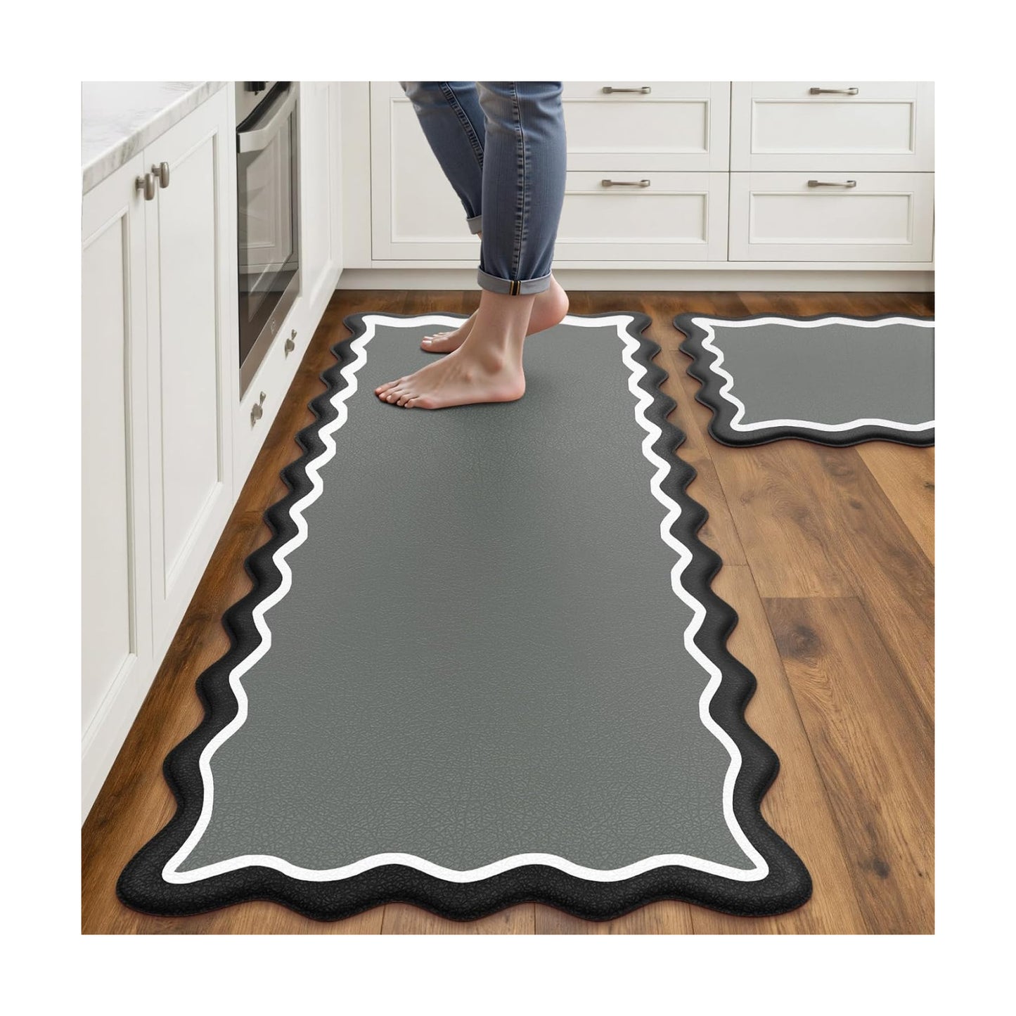 Arenarug Scalloped Kitchen Mats for Floor, Black Gray Kitchen Rugs Set of 2