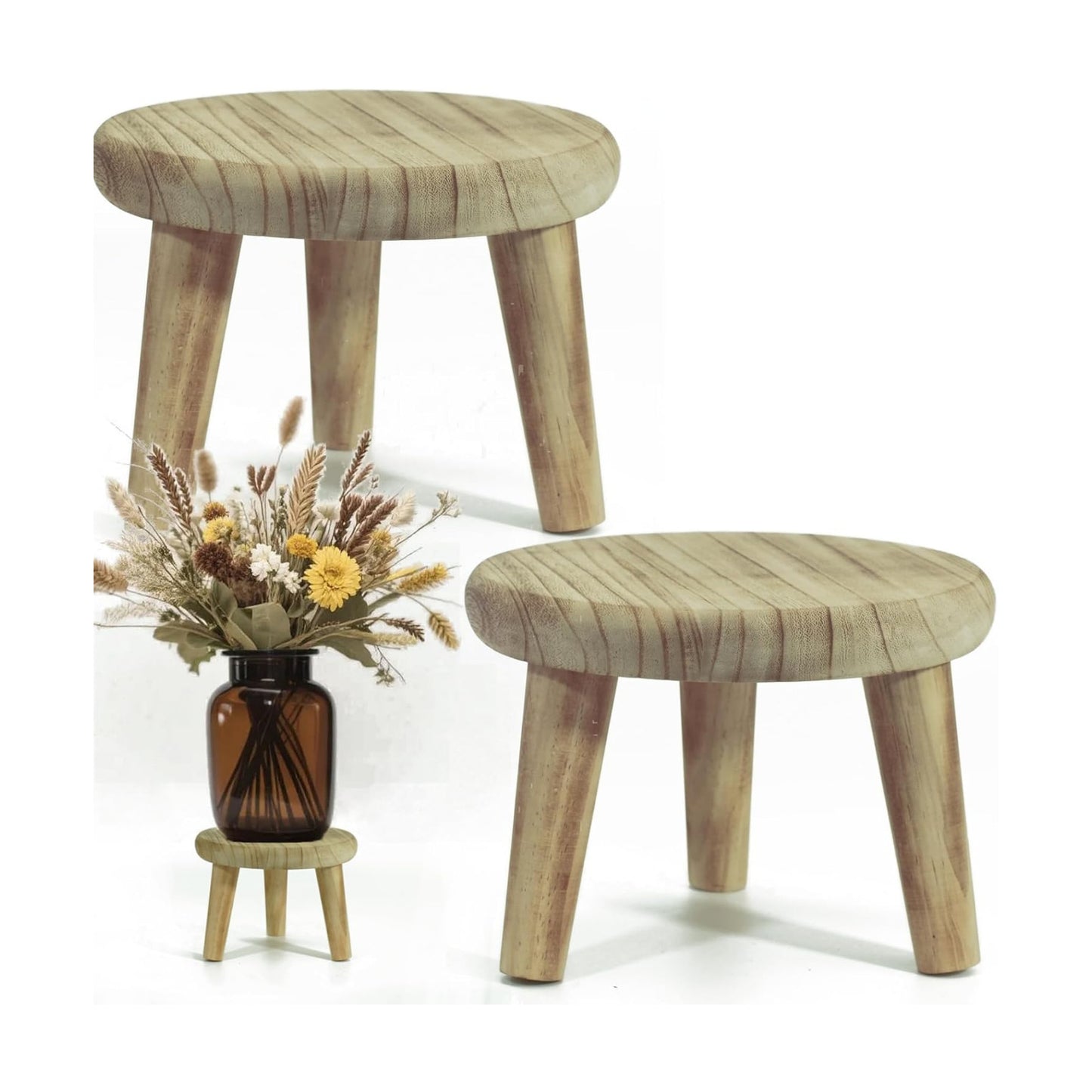 Wood Stool Plant Stand / Beige / Medium / 8 Inch / Set of 2