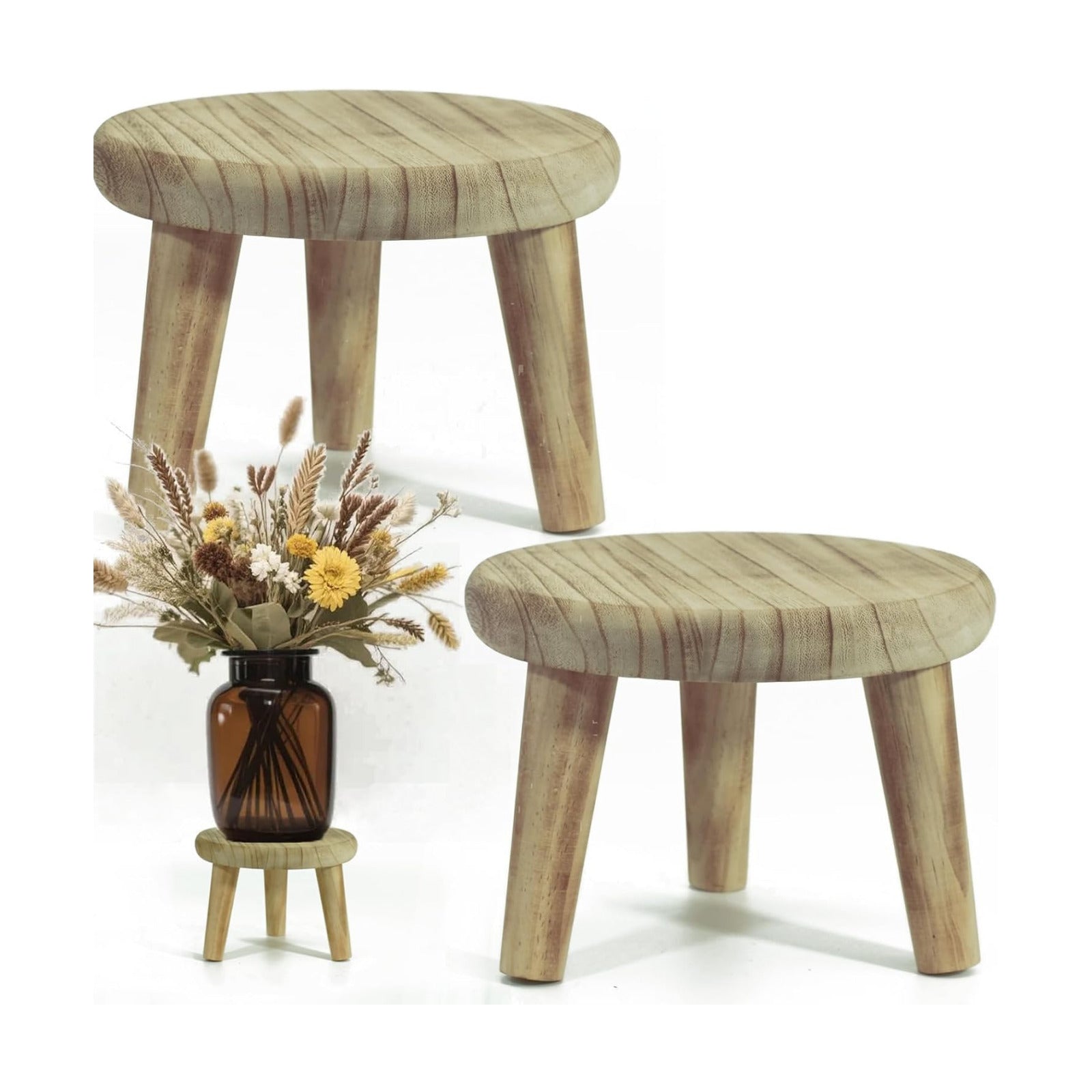 Wood Stool Plant Stand / Beige / Medium / 8 Inch / Set of 2