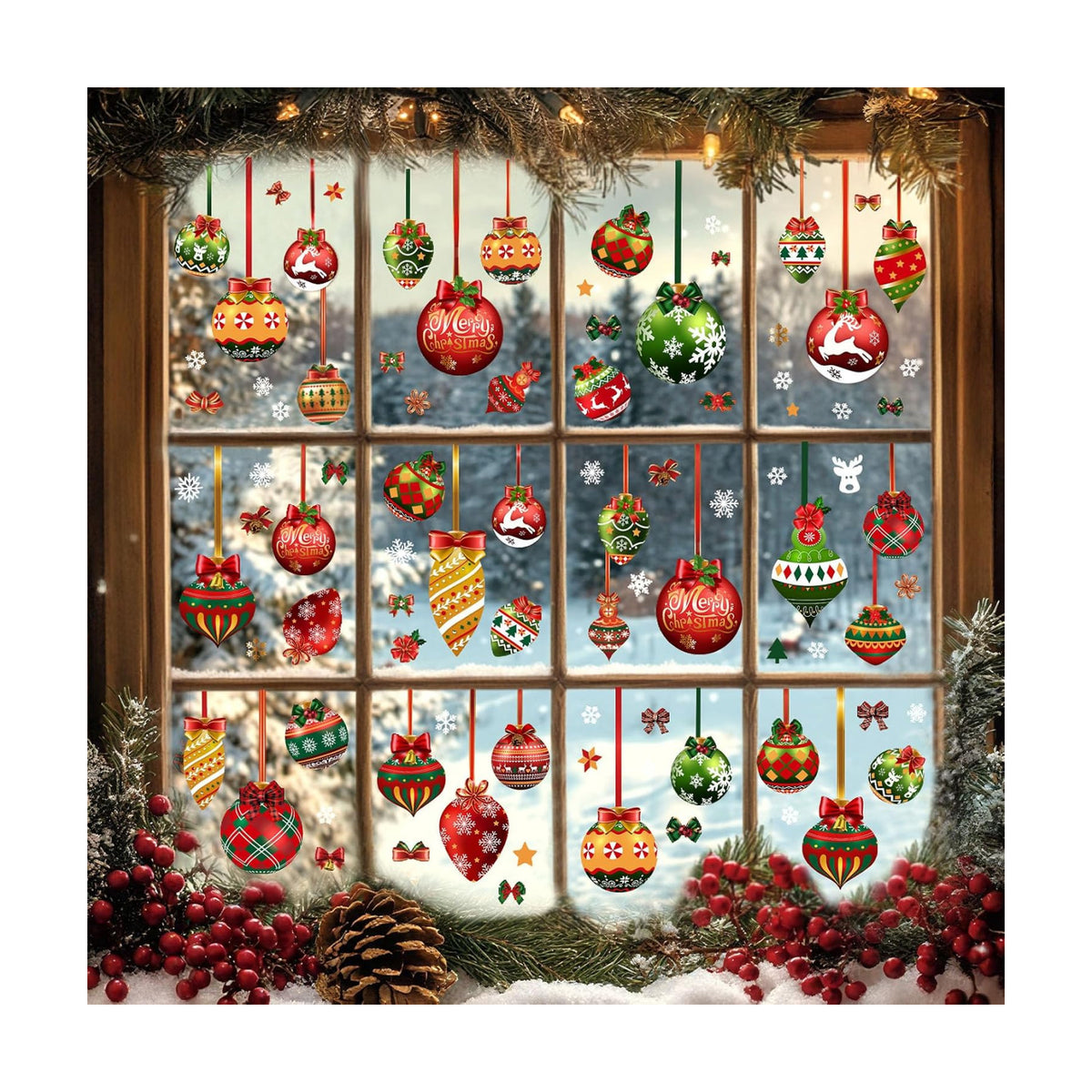 Simgoing 12 Sheets Christmas Window Clings, Removable Ball Ornament Decor
