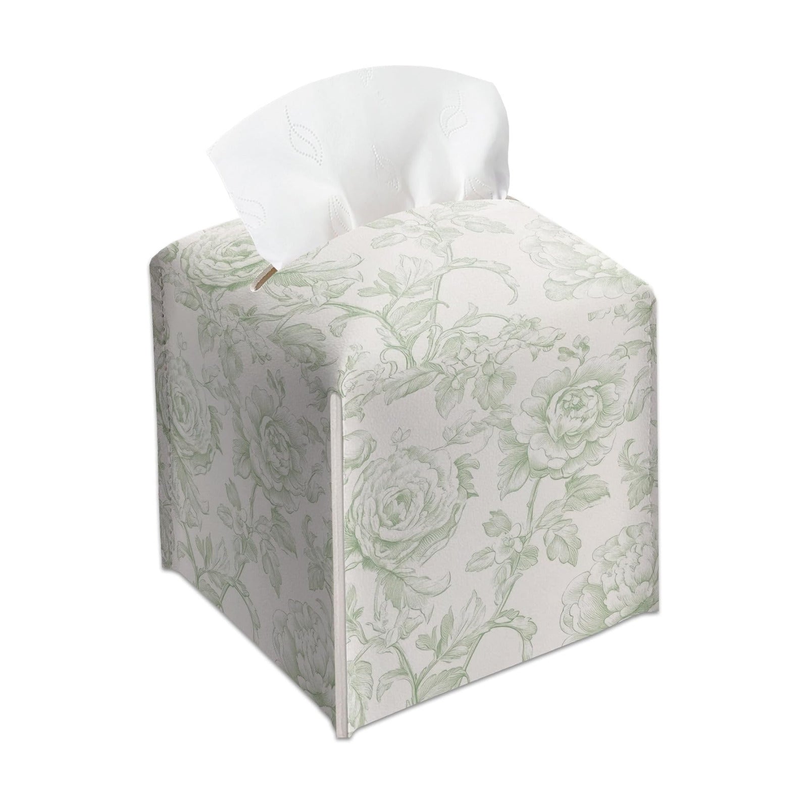 Tissue Box Cover / Green and White Floral