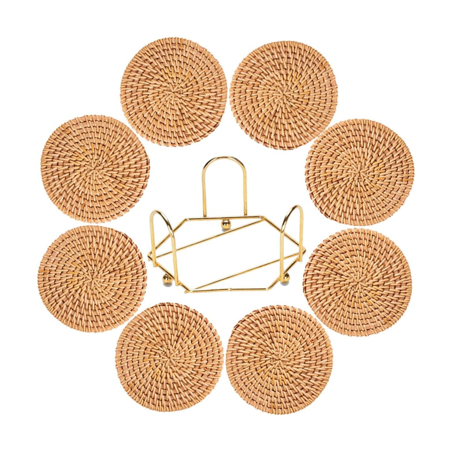 Holder / Boho Woven Coasters Set / Natural Beige Single Rattan Weave / Set of 8