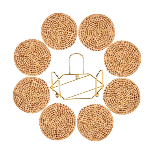 Holder / Boho Woven Coasters Set / Natural Beige Single Rattan Weave / Set of 8