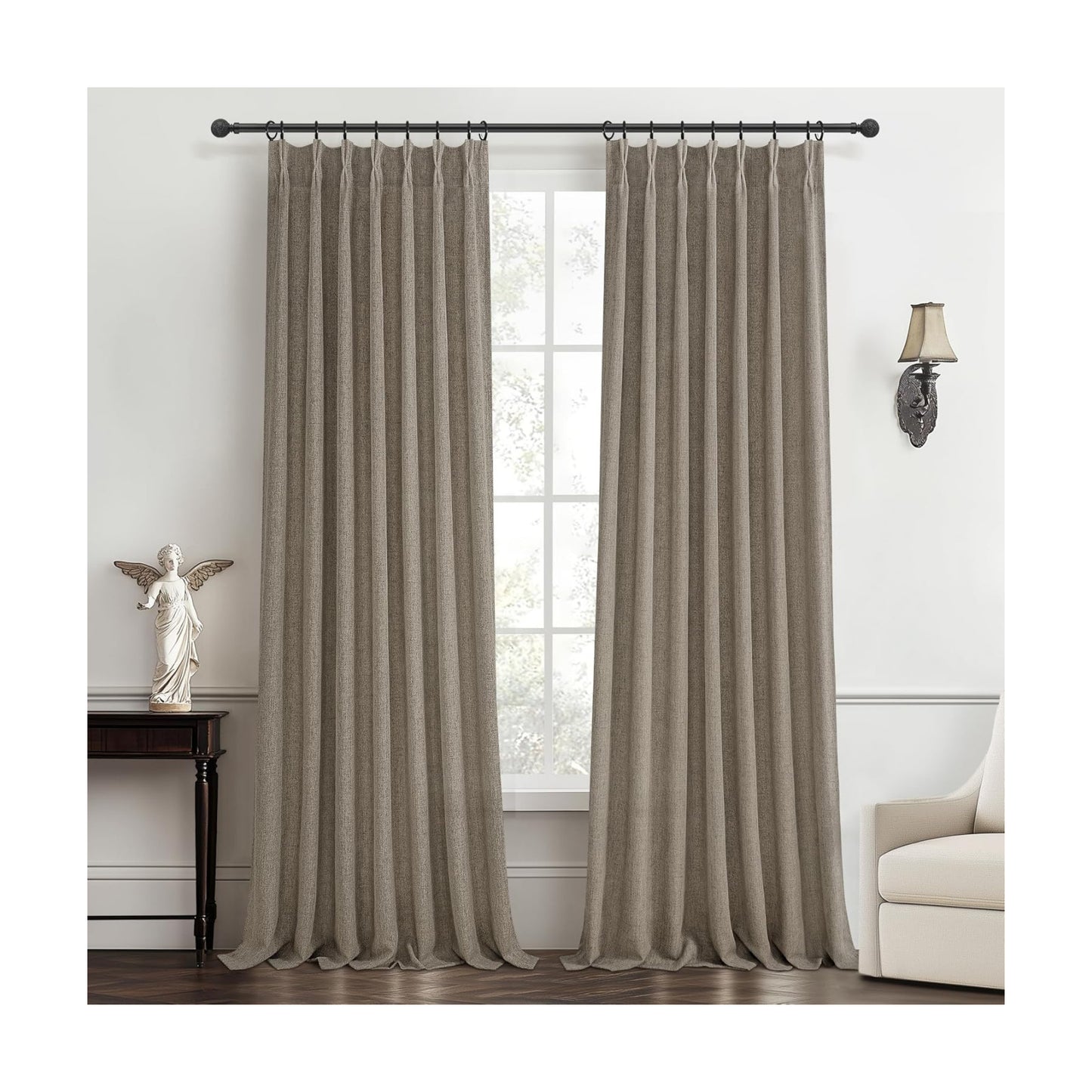 Extra Long Semi Through 120 Inch Curtains 2 Panels for Living Room, Modern Dark Flax Memory Trained Pinch Pleated Light