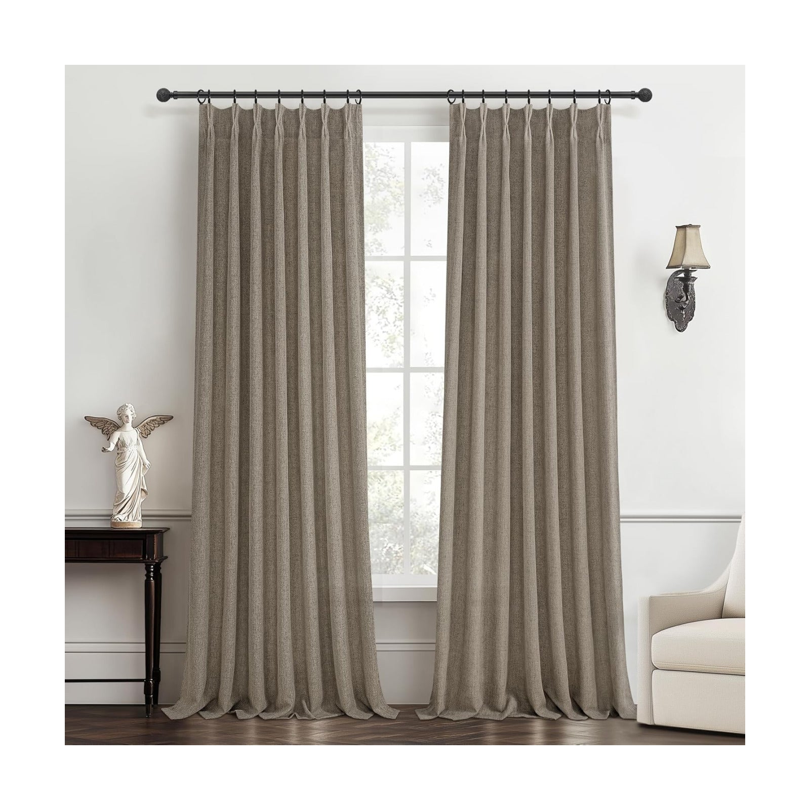 Extra Long Semi Through 120 Inch Curtains 2 Panels for Living Room, Modern Dark Flax Memory Trained Pinch Pleated Light