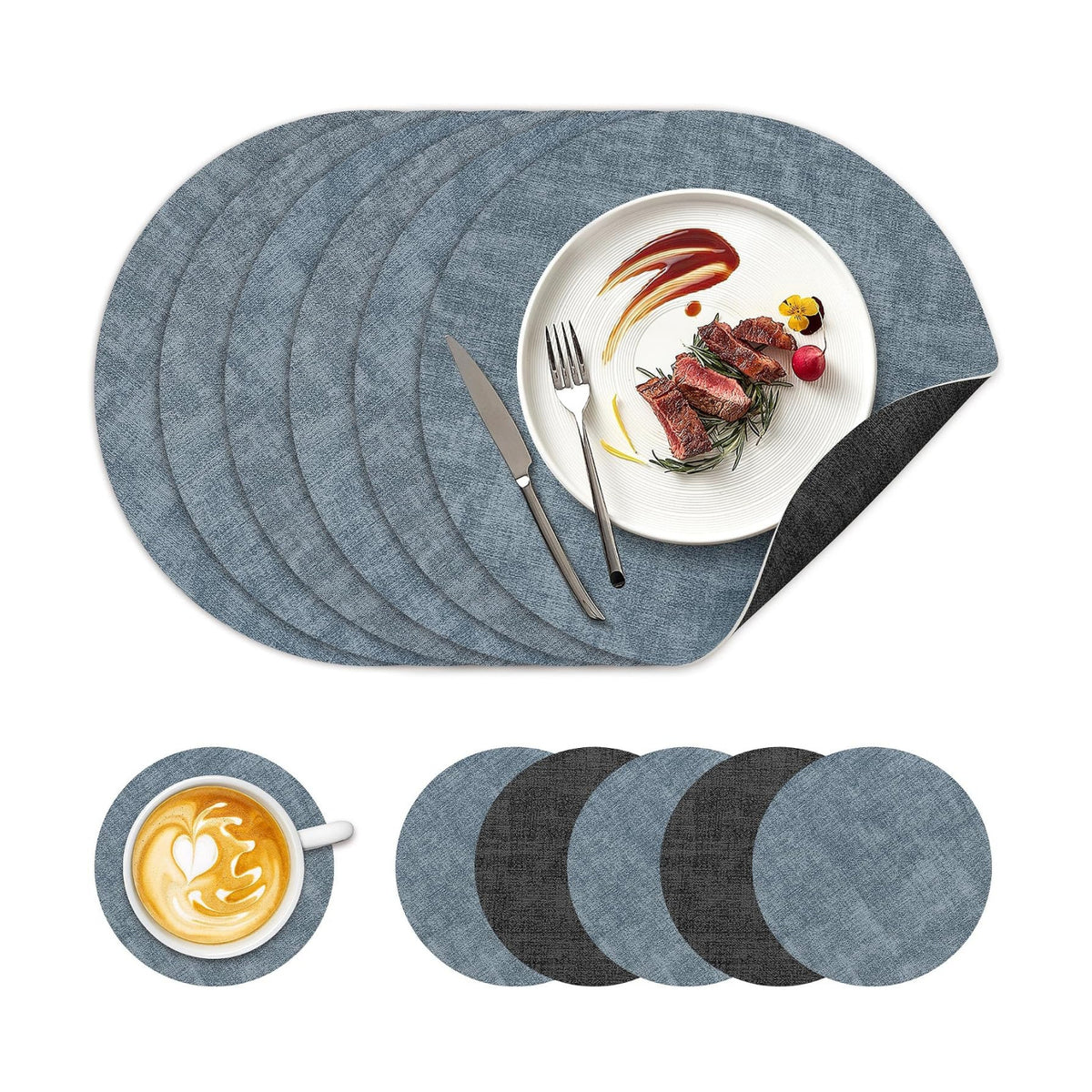NCUE 13" Faux Leather Round Placemats Set of 6, Reversible Dual-Color | With 3.9" Coasters, 2 mm Vinyl Table Mats