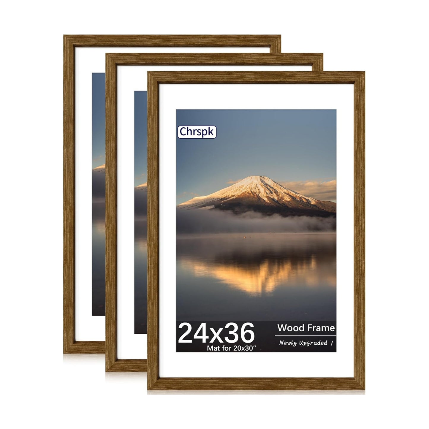 24X36 Poster Frame, Display Pictures 20X30 with Mat or 24X36 Without, Wall Hanging Frames, Rustic Brown, 3 Pack