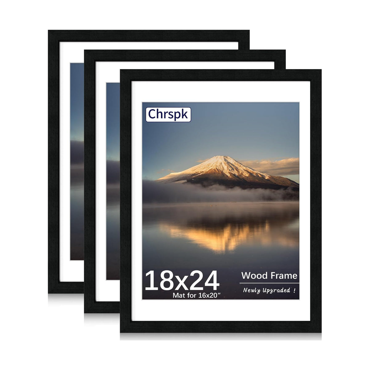 18X24 Poster Frame, Display Pictures 16X20 with Mat or 18X24 without, Wall Hanging Frames, Black, 3 Pack