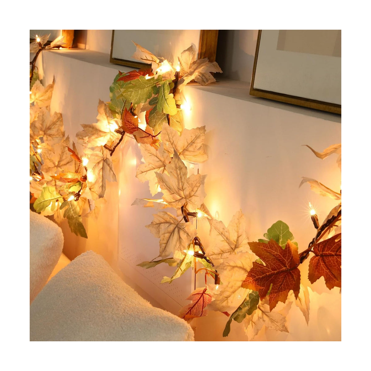 Fall Decorations Lighted Fall Garland, 9FT 50 Count Incandescent Lights Brown Wire UL Certified Connectable Maple Leaves String Lights for Home Fireplace Mantle Thanksgiving Decor
