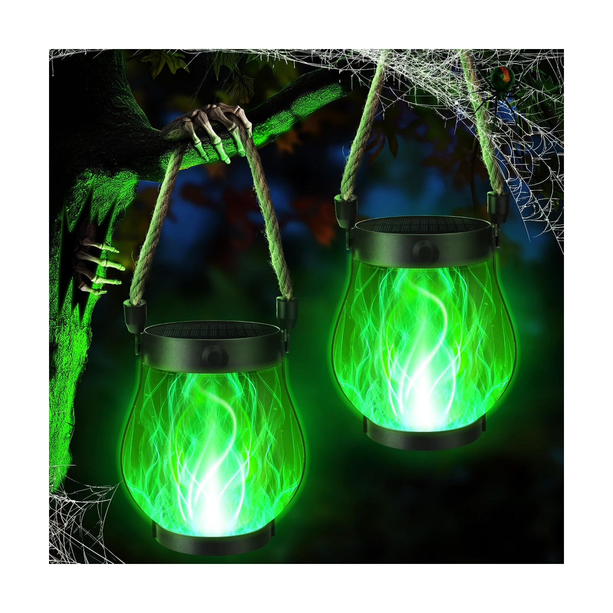 iBaycon 2 Pack Gen2 Solar Lantern Lights USB Halloween Flame Lamp, Green | Solar Garden Lights with Solar & USB-C Dual